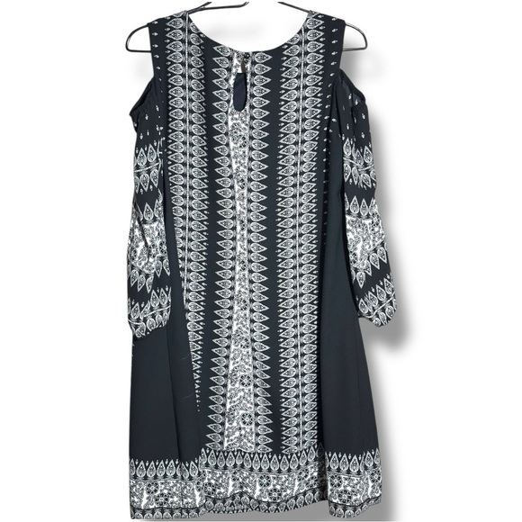 Luxology Black and White Vertical Geometric Pattern Shoulder Cutout Mini Dress - Picture 5 of 16